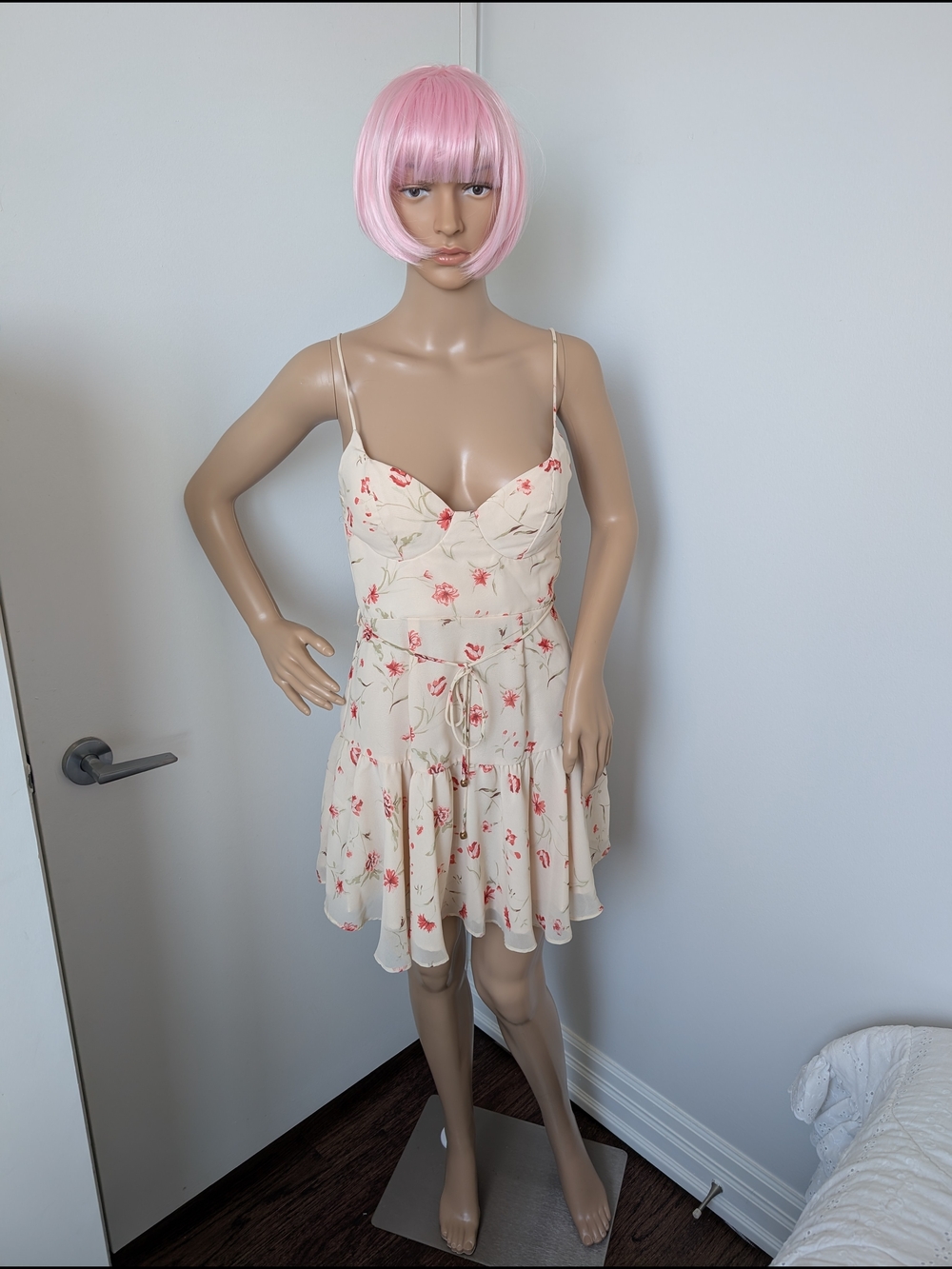 Cream Floral Spaghetti-Strap Mini Dress with Pink Blooms